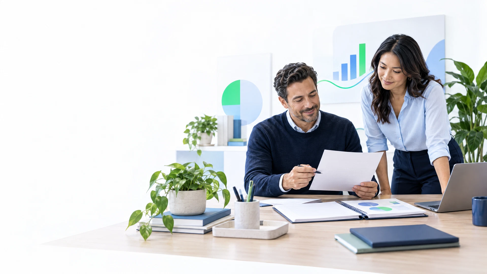 Business owner and finance lead reviewing an organized commercial receivables workspace on a clean white background with restrained green and blue accents.