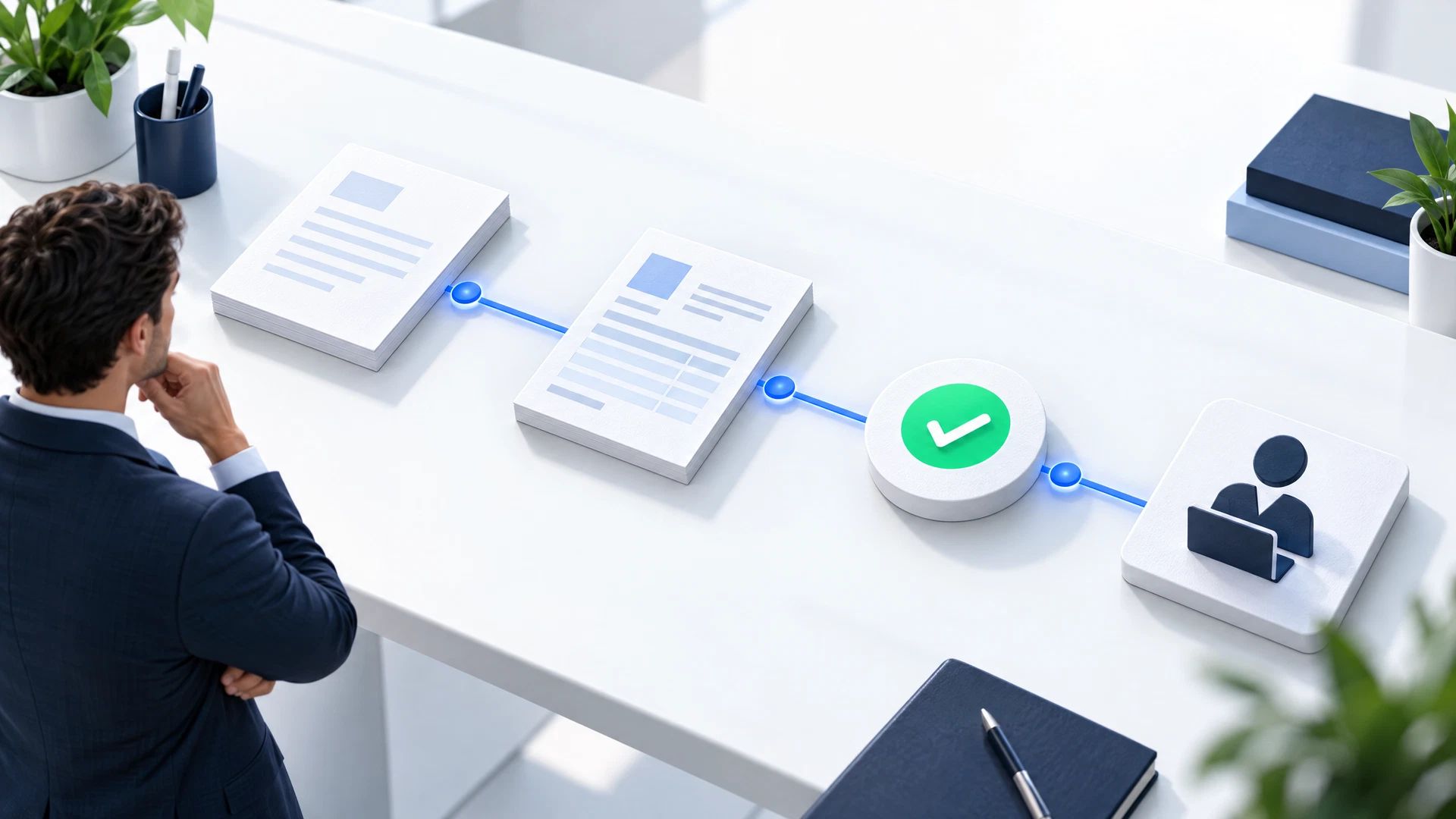 A human-reviewed commercial receivables workflow represented by orderly blank business records, a reconciliation point, and a clear next step.