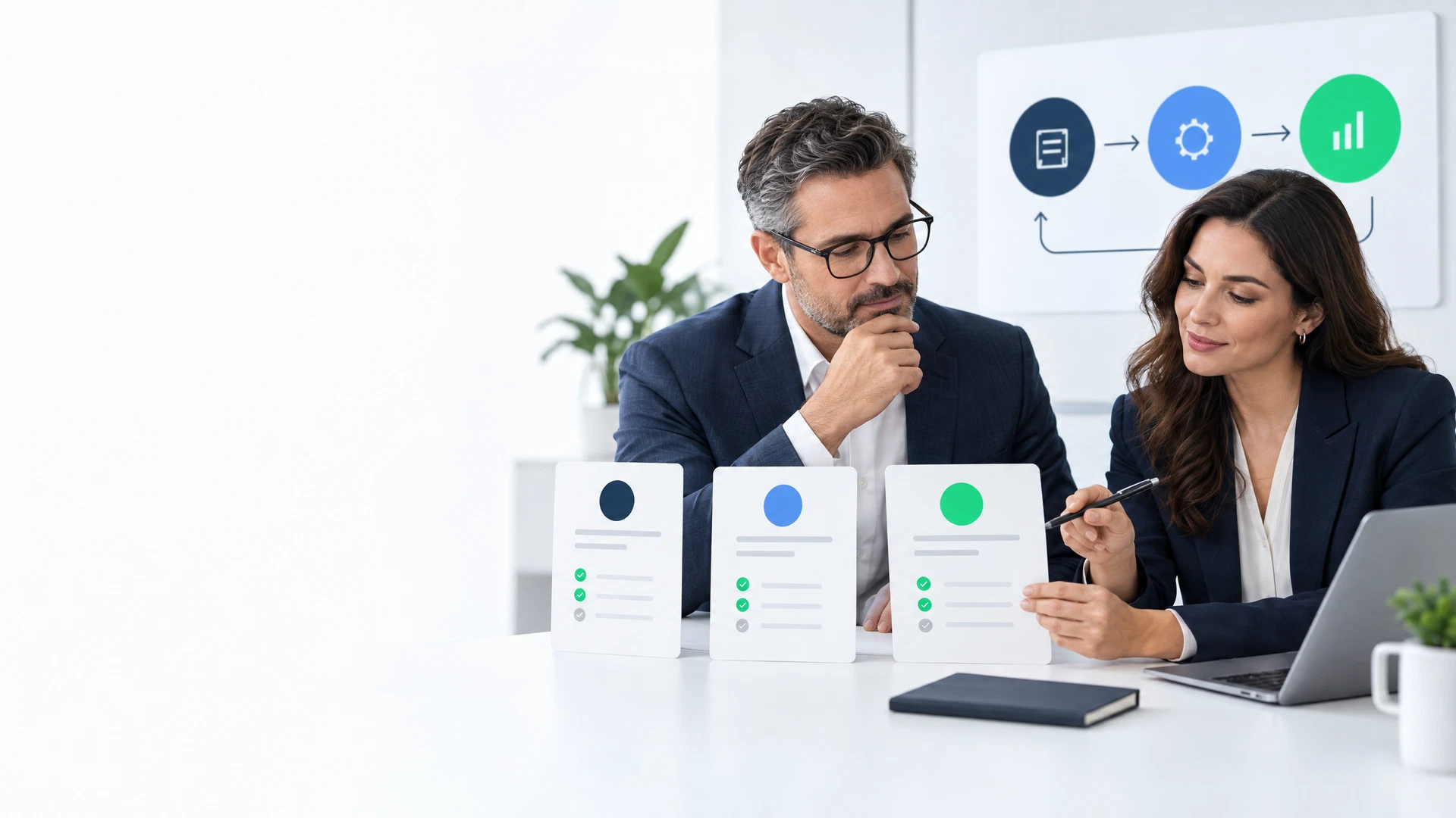 Business finance leaders comparing abstract commercial workflow options in a bright, calm meeting space.