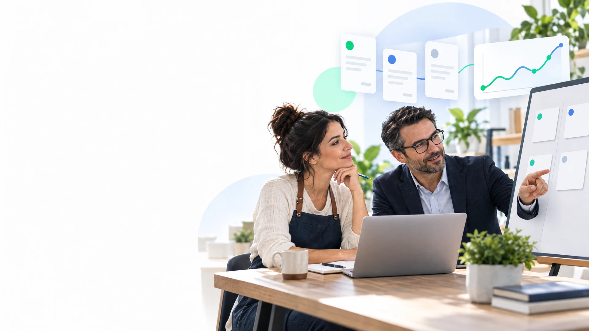Small-business owner and finance colleague reviewing a simple abstract receivables workspace