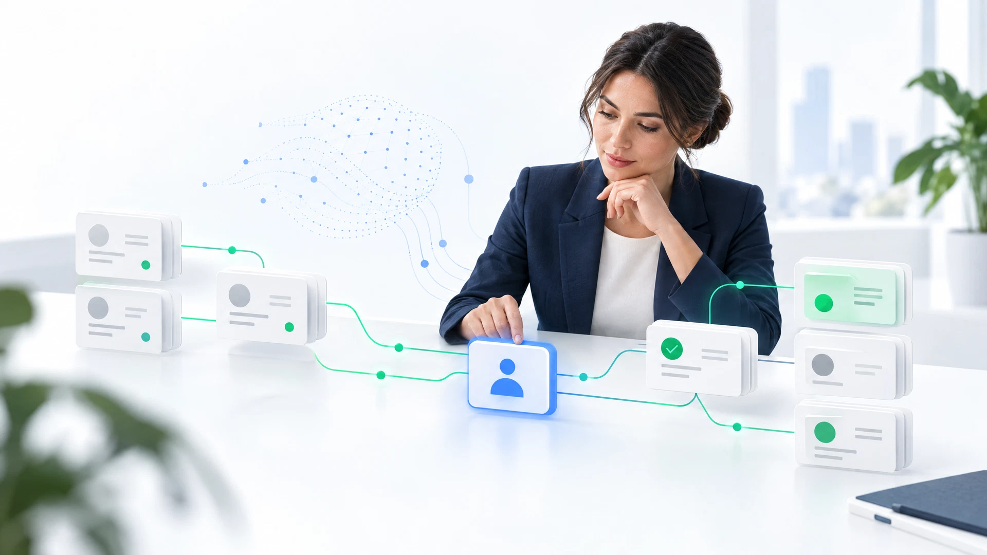 A finance professional reviewing an AI-assisted workflow with a visible human-review checkpoint and abstract business records.