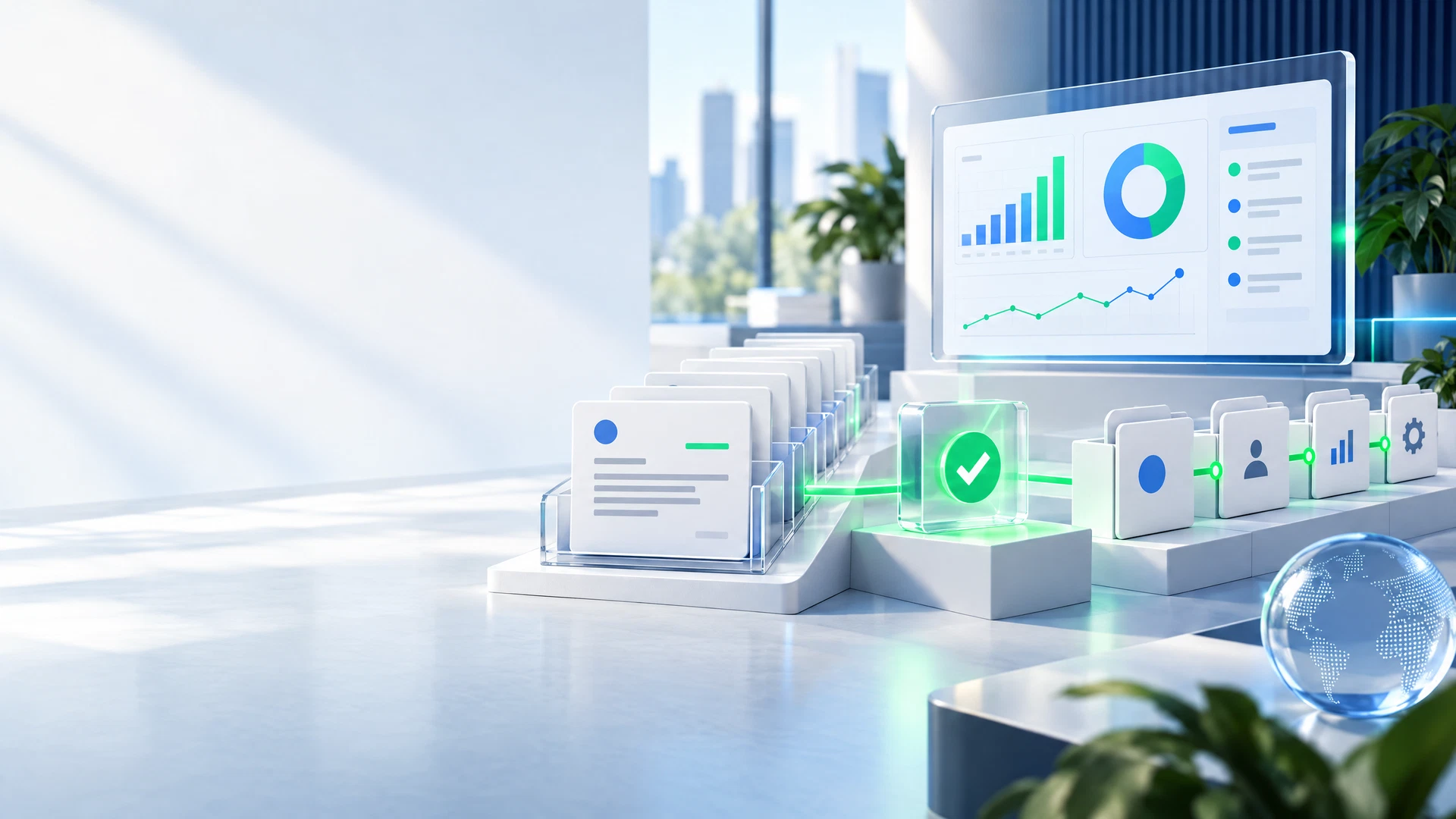 Original PayClear editorial illustration of a portfolio-level commercial receivables review with abstract invoice cards, a reporting view, and a visible approval checkpoint.