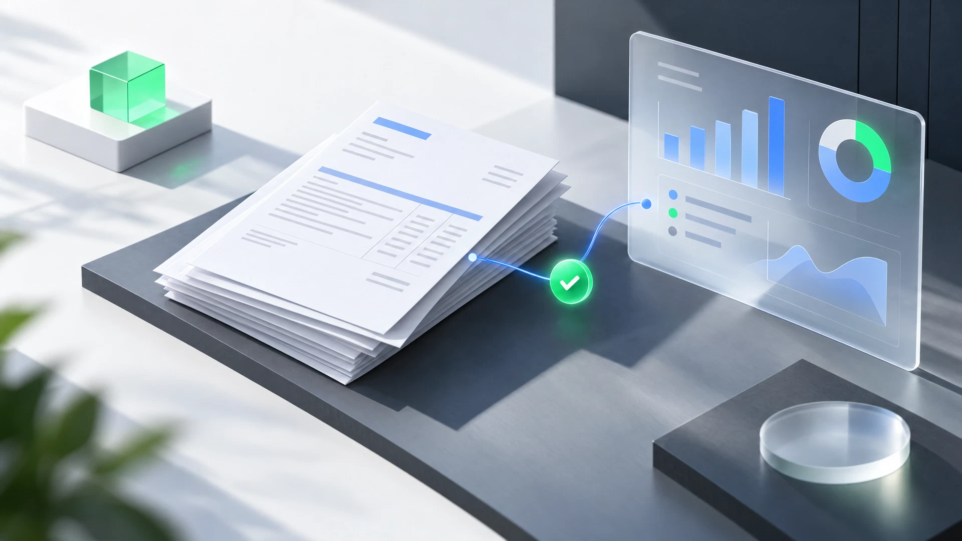 Original PayClear editorial illustration of layered blank invoices, a blue workflow line, and a green review-status marker on a white commercial workspace.