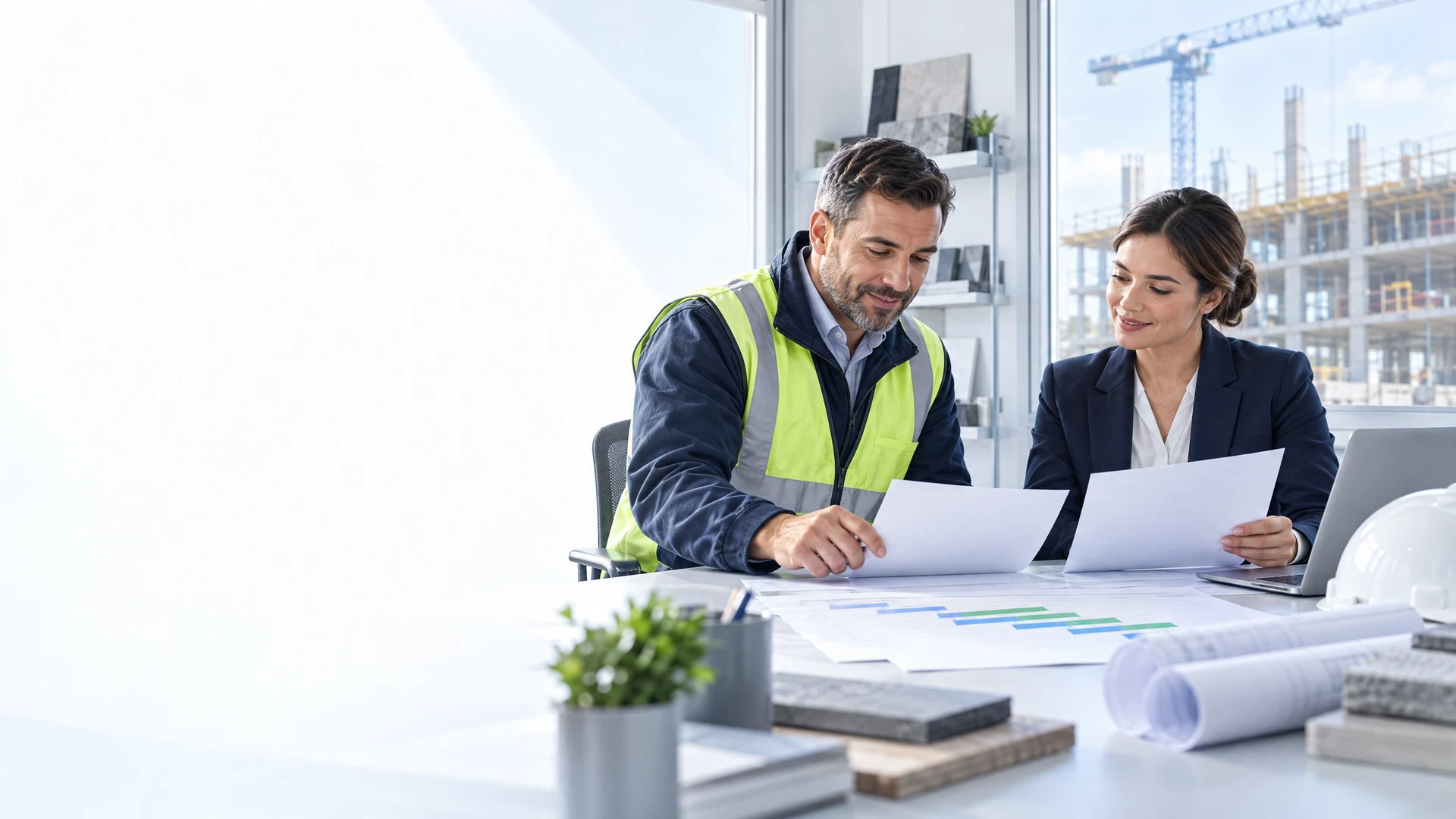 Construction-supply and finance professionals reviewing an abstract project and receivables workflow in a bright site office.