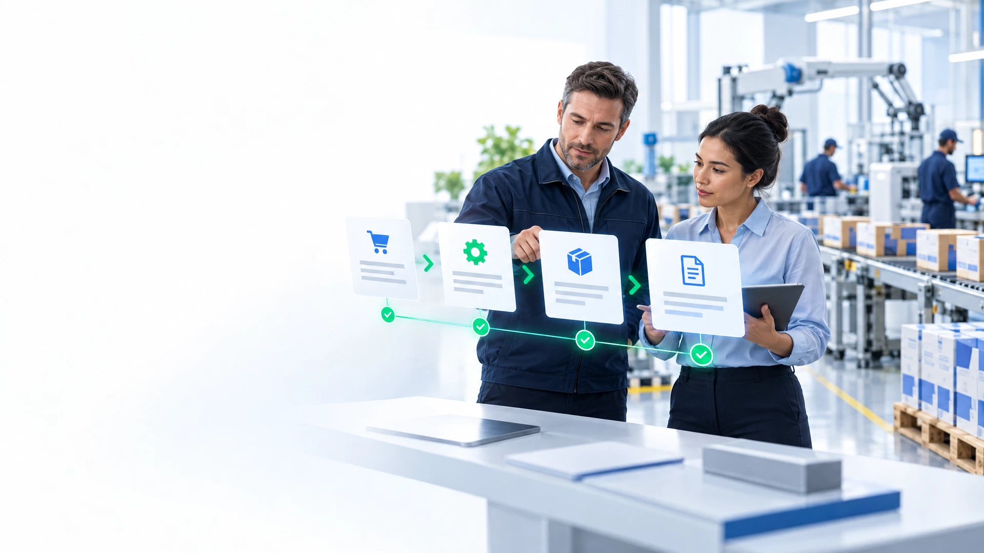Manufacturing operations and finance professionals reviewing abstract order-to-invoice context beside a clean production line.