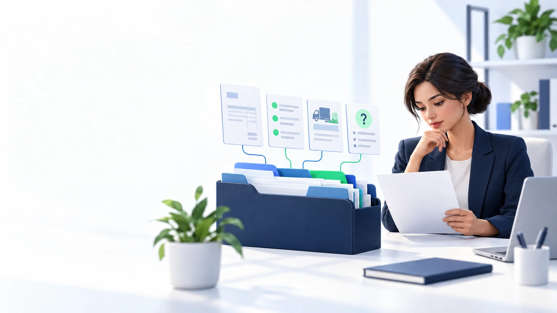 Finance operations professional organizing abstract, blank business records into a clear internal review workspace.
