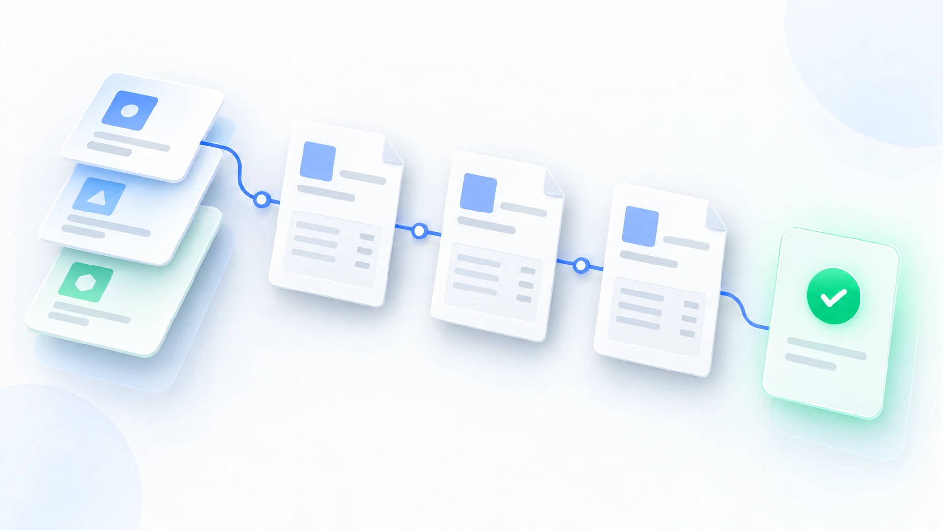 Original PayClear editorial illustration of blank subscription invoice cards, blue plan tiles, and an emerald workflow review marker.